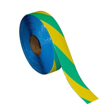 Superior Mark Floor Marking Tape, 2in x 100Ft , Green/Yellow Hazard Stripe IN-50-611I